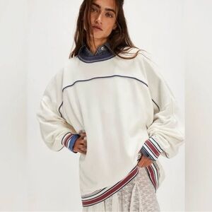 Free People White Sweater with Blue and Red Accents